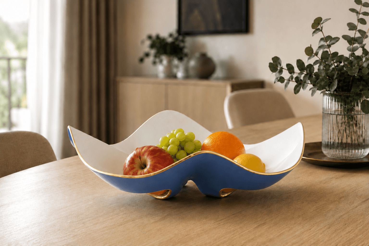 In the living room, on a wooden table